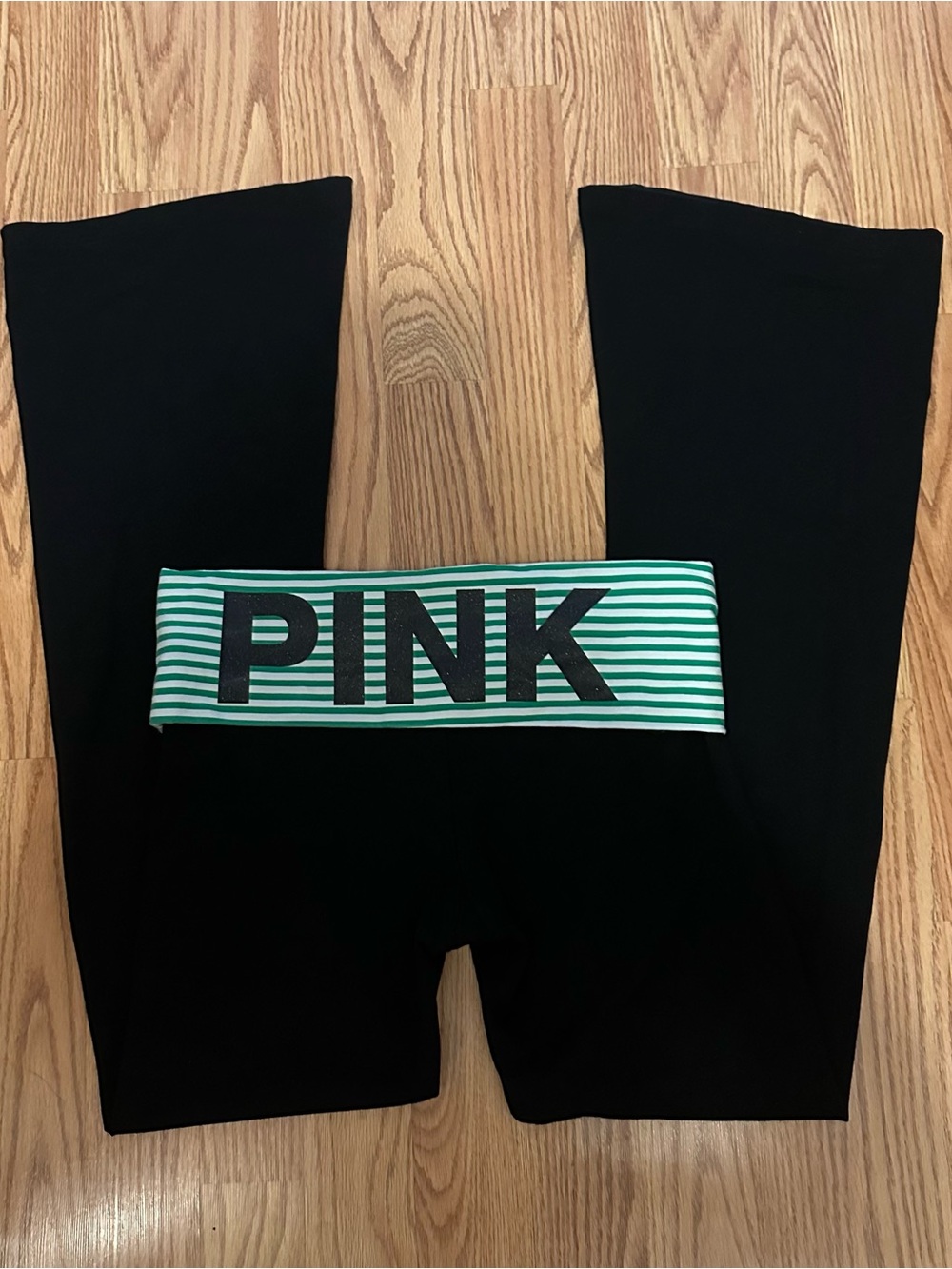VS Pink Love Pink Originals Green Striped Foldover Flare Leggings S